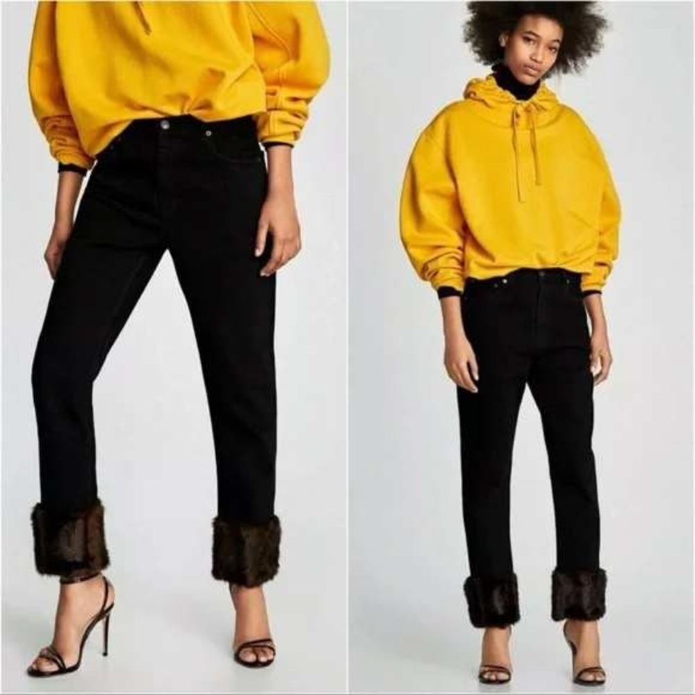 ZARA WOMAN PREMIUM DENIM COLLECTION VINTAGE‎ HIGH RISE JEANS WITH FAUX FUR HEM 4
